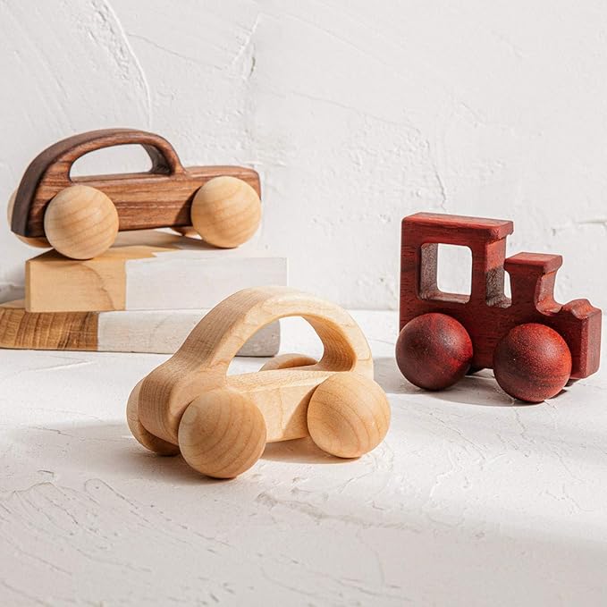 Promise Babe Wooden Rattle Push Car Toys Set - Infant Wooden Rattles, Hand Push Cars, Montessori Natural Wood Toys for Newborn