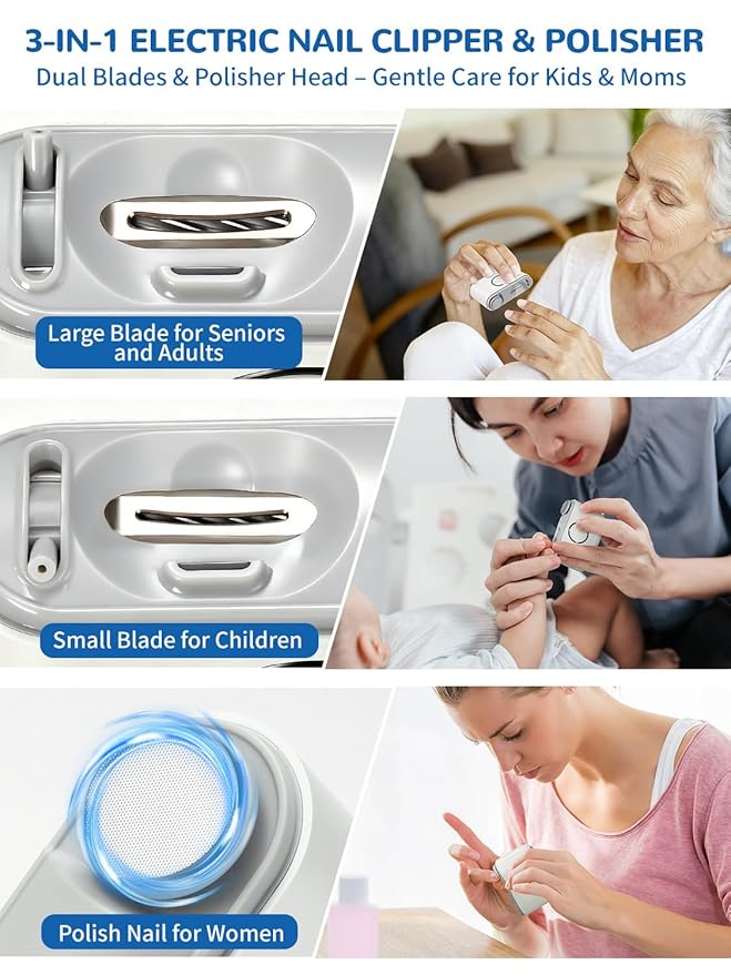 ONEDONE Electric Nail Clipper - 3-in-1 Rechargeable Baby Nail Trimmer Electric Nail File with Dual Blades 3 Speeds Fingernail Grinder Safe for Baby Women Seniors w/Ingrown Toenail Clippers