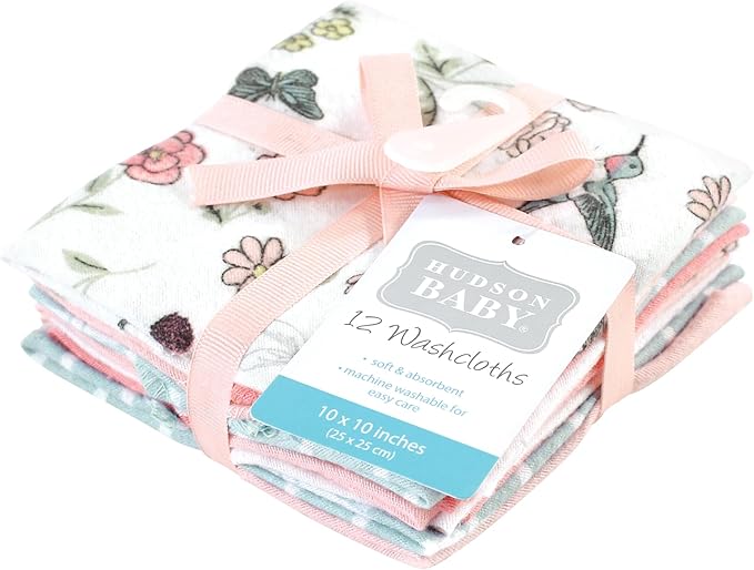 Hudson Baby Unisex Baby Flannel Cotton Washcloths, Hummingbird Garden 12 Pack, One Size