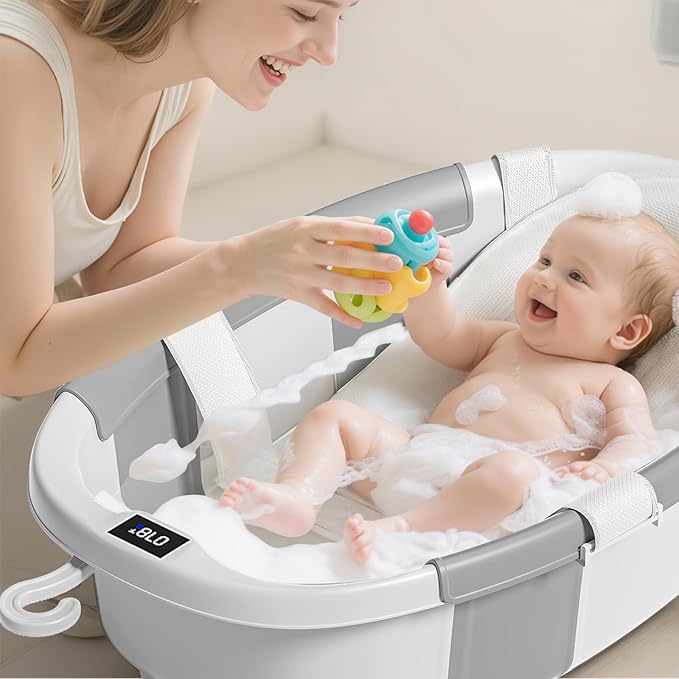 Collapsible Baby Bathtub with Soft Cushion and Thermometer, Newborn to Toddler Tub 0-36 Months with Toy Storage Mesh Bag, Portable Travel Bath for Infants (Grey)