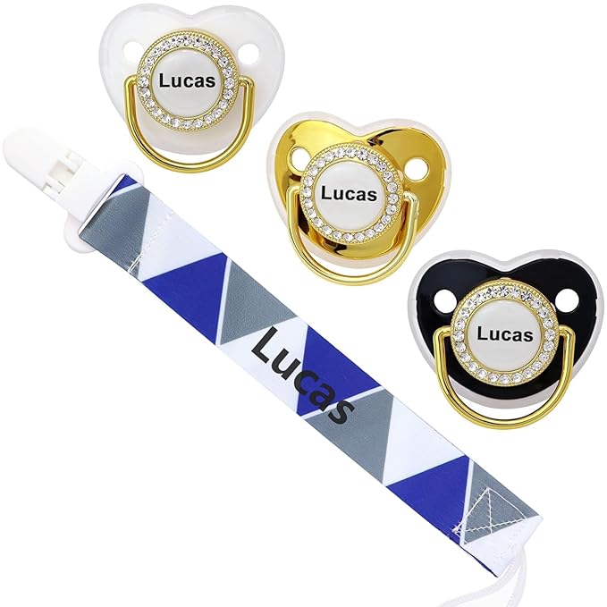 Personalized Pacifier Set with Name, BPA Free, Bling Gold Silver Pink Rose Gold Luxurious Ideal Gift for Newborns (Grey)