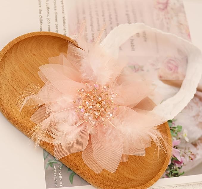 Bethynas Baby Girls Lace Feather Headband Beads Gauze Flower Elastic Toddler Hairband Birthday Party Princess Hair Accessories for Newborn Infant (Pink)