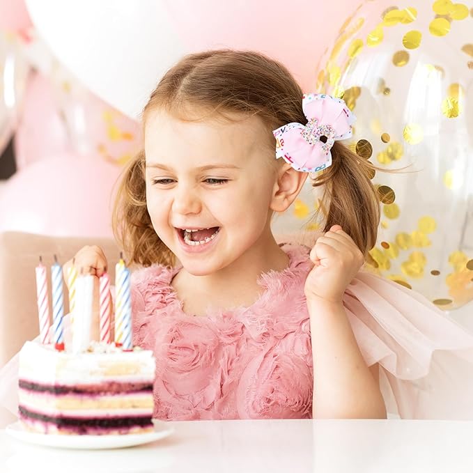 2pc Happy Birthday Ribbon Hair Bow Clips Barrettes,3.5" Glitter Pink Sprinkle Alligator Hairpins for Girls Teens Toddlers Kids 5th Birthday Party Dress Accessory Gifts