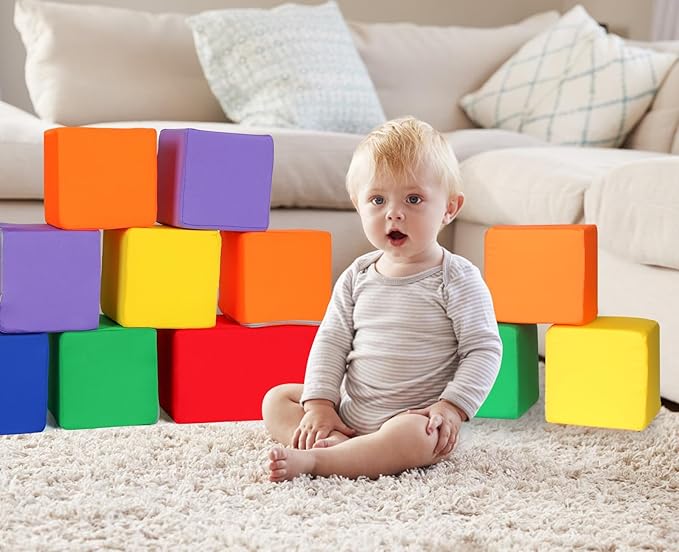 Toddler Foam Buliding Blocks - 12 Piece Fabric Covered in 2 Sizes Stacking Block Sets - Colourful Soft Play Set for Kids Idea for Building and Throwing Fun-Blue