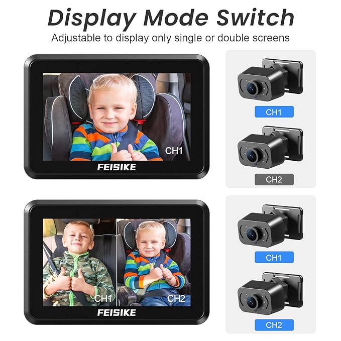 FEISIKE Baby Car Camera, 1080P Dual-Channel 5 inch Display Baby Car Mirror with 2 IR Night Vision Camera, Easily Install Car Camera for Baby with Crystal Clear Wide View for Rear Facing Seat