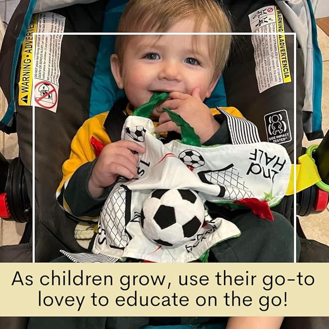 Baby Jack & Co 10x10” Soccer Sports Lovey Sensory Plush Blanket - Tag Toy for Babies - Baby Stroller Toys - Learn Shapes, Letters & Colors - MVP Ball Toy & Sports Gift w/ Stroller Clip World Cup