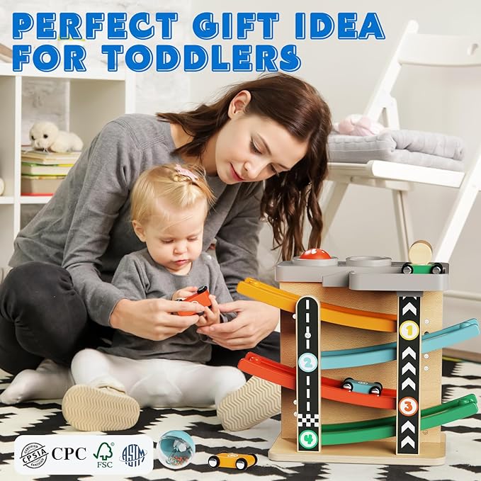 Wooden Car Ramp Race Track 2-in-1 Pound Ball Toddler Toy Ball Drop Baby Toy Set Gift for 1 2 3 Year Old Boys Girls Montessori Developmental Learning Activity Interactive Birthday Present