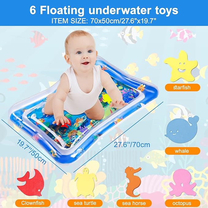 Baby Water Mat, 27x20in Inflatable Tummy Time Watermat with Climate Pledge Friendly, Safe Water Play Mat Sensory Toy for Infants 3-36 Months, Portable Travel Water Pad for Baby Gift (Blue)