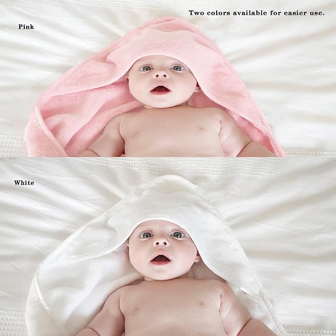 Baby Hooded Bath Towel 31.5"x31.5" Ultra Absorbent Cloud-Soft Cozy Coral Fleece, for Newborn Infant Toddler Up to 3 Years, Unisex Bathrobe Blanket 2PCS(White Pink)