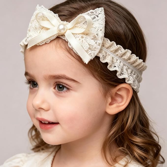 Handmade Baby Girl Headbands in Beige Baby Bows and Floral Lace Headband Bows for Newborns and Toddlers Cute Baby Girl Bows and Newborn Headband Bows