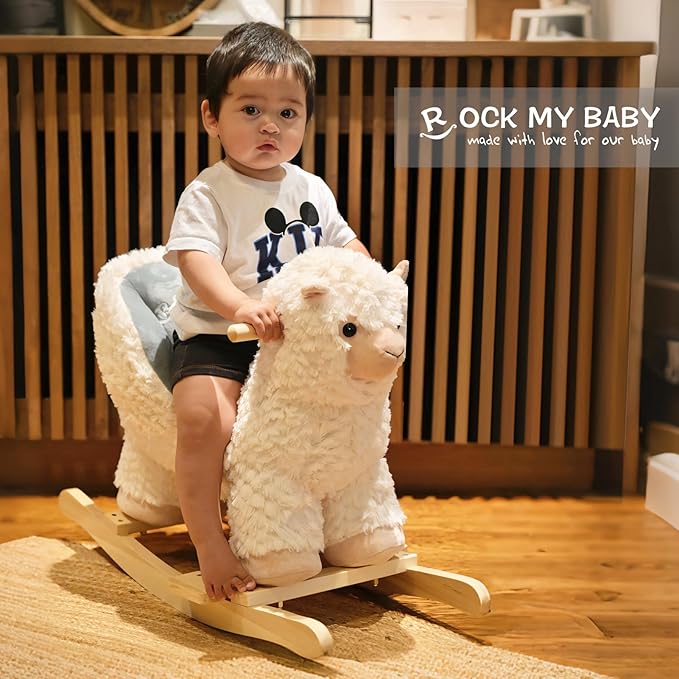 Rock My Baby Baby Rocking Horse Alpaca Llama with Chair, Plush Stuffed Animal Rocker for Toddlers 1-3, Wooden Rocking Toy Llama Animal, Cream Llama,CPC Certified