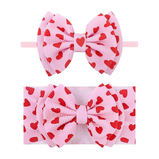 YanJie HAIRBAND 2 Pack - Valentines Design, Red Heart Handmade Headbands for Girls Infants Toddlers, Soft Comfortable Nylon Hairbands Accessories, Cute Baby Dress Up Gift