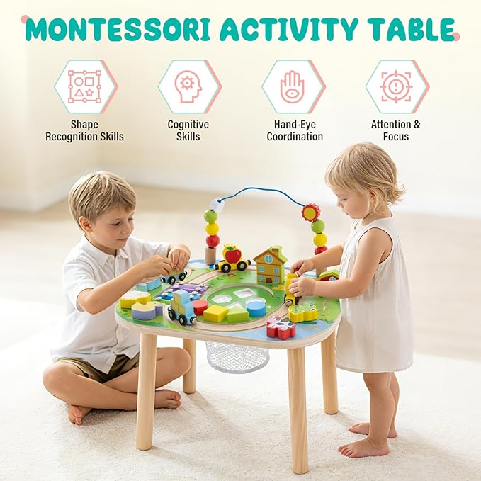 Montessori Activity Table for 1 Year Old, 9-in-1 Wooden Activity Table with Adjustable Height, Train, Shape Sorter, Xylophone, Baby Sensory Educational Learning Toys, Birthday Gift (Farm)