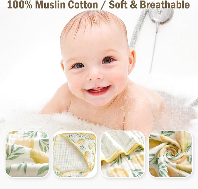Hooded Baby Bath Towels 2 Pack 32x32 Inch, 100% Cotton Soft & Highly Absorbent, Cute Starry Waves & Pear Prints, Baby Towel Set with Wash Mitts, Gentle for Newborn, Infant & Toddler