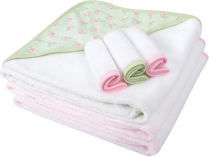 Jessica Simpson Baby 6-Piece Hooded Towel & Washcloth Set – Soft Polyester Baby Bath Towels – Pink & Green Floral Design