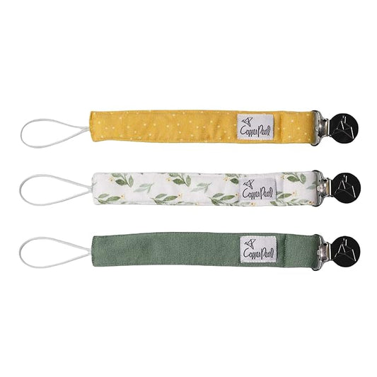 Copper Pearl Pacifier Holder 3-Pack: Premium Knit Binky Clips for Babies - Stylish Stainless Steel Design, Prevents Floor Drops - Fern