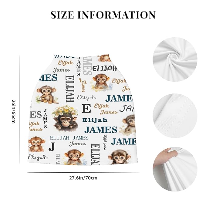 Personalized Car Seat Covers for Babies with Name – Multi-use Breastfeeding Cover Custom Monkey Carseat Canopy Cover, Infant Stroller Covers for Boys and Girls