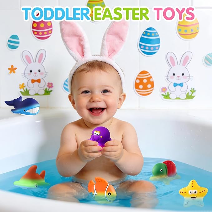 Toddler Easter Egg Fillers Color Changing No Hole Bath Toys for Kids Ages 1-3 4-8, Toddler Bath Toys Sea Creatures Easter Basket Stuffers Pool Bathtub Beach Water Toys Sea Animal with Drying Bag