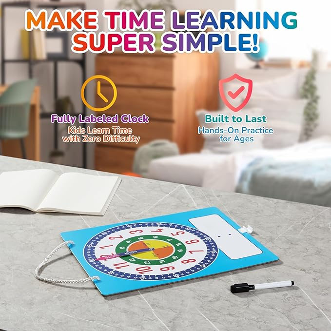 Magnetic Writable Dry Erase Learning Clock for Kids, 13.7'' x 11.2" Teaching Demonstration Clock for Kid to Tell Time, Perfect for Home School Classroom Supplies, Pen Included