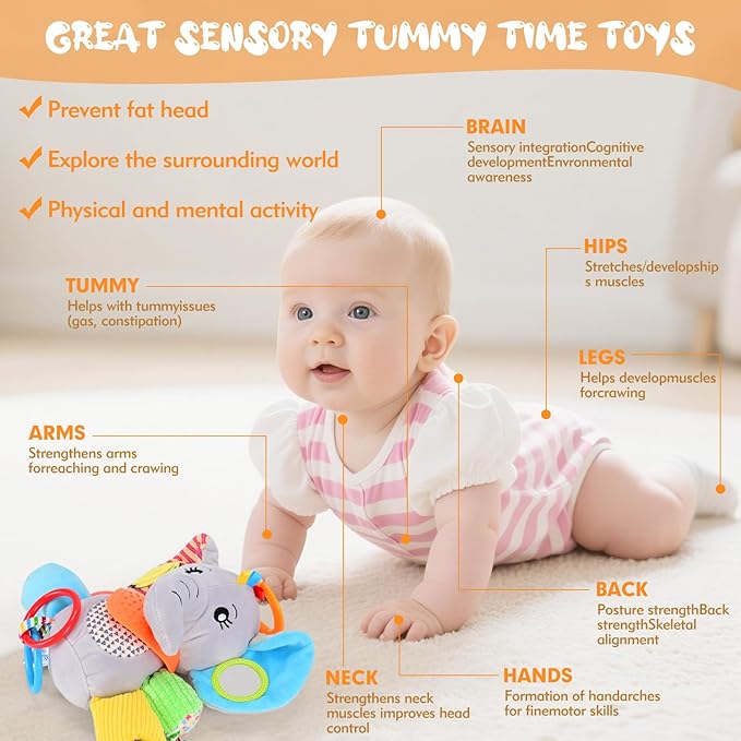 Baby Toys 0-12 Months Elephant with Detachable Touch-Sensitive Sound Box, 30 Sounds, Removable Bib, Teether, Rattle, BB Squeaker, Mirror for Strollers, Car Seats, Carriers