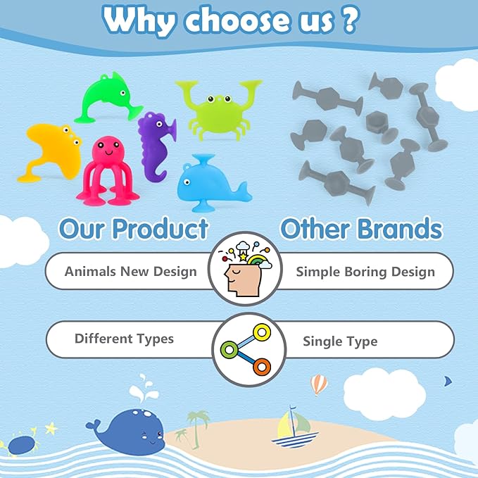 Baby Suction Cup Toys, 18 PCS Silicone Ocean Animals Suckers, Bath Toys for Kids Ages 4-8, Sensory Window Travel Easter Stuffers Toys for Toddlers Boys Girls 3 4 5 6 Year Old