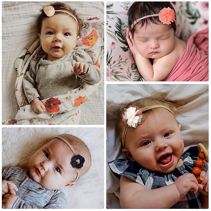 AQOKKA Baby Girl Headbands with Bows Soft Nylon Newborn Toddler Hairbands Handmade Baby Hair Accessories for Infant Girls Kids