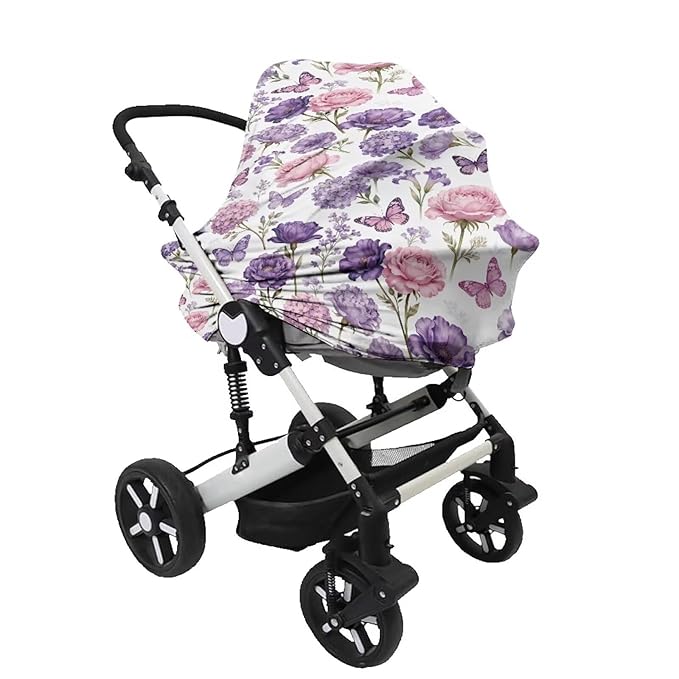 Rose Flower Butterfly Nursing Cover Carseat Covers Baby Car Seat Cover for Girls Boys, Stretchy Car Seat Canopy Multiuse Nursing Breastfeeding Protectors, All-in-1