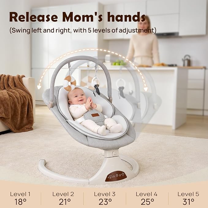 Baby Swings for Infants to Toddler, Electric Baby Swing with Remote, 5 Speeds, Bluetooth & Safety Lock for Newborns up to 20 lbs (Gray)