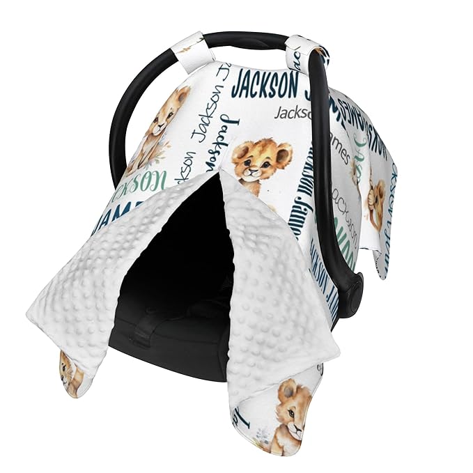 Personalized Baby Car Seat Cover Winter Custom Minky Carseat Cover Boy Girls with Name Lion Carseat Canopy Customized Car Seat Canopy Infant Carrier Covers Nursing Cover Toddler Blanket