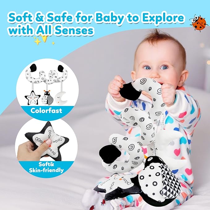 kizh Baby Hanging Stroller and Car Seat Toys High Contrast Baby Toys for Newborn Black and White Sensory Plush Activity Toy for Babies 0-6 Months-Bug