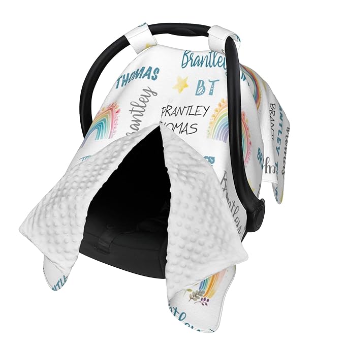 Personalized Winter Baby Car Seat Cover with Name Rainbow Winter Car Seat Cover for Baby Seat or Stroller Custom Infant Car Seat Covers Minky Blankets Nursing Cover Breastfeeding Scarf