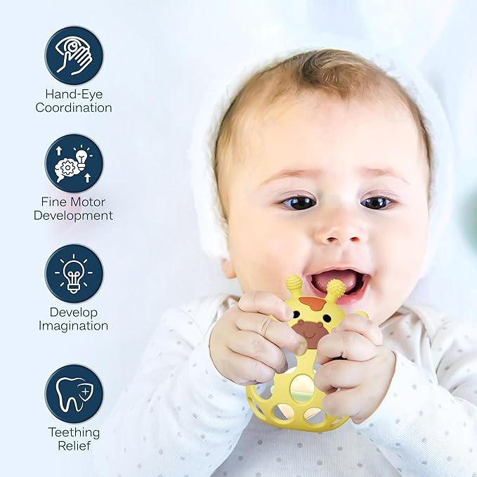 Giraffe Baby Teether with Pacifier Clip - 3 in 1 Teething Toy, Rattle & Clip Set, Food Grade Silicone BPA Free, Baby Teething Toys 3-6 Months, Baby Toys 6-12 Months
