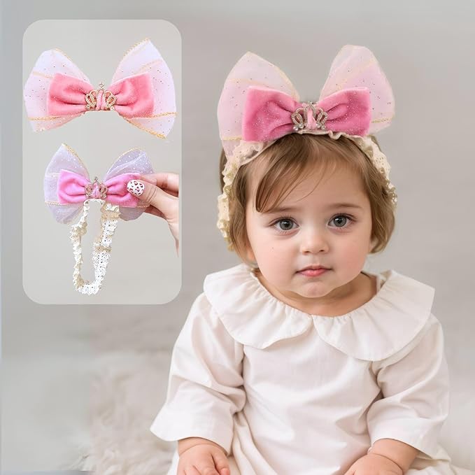 Cute Lace Bow Baby Girls Headbands Large Knot Hair Band Soft Chiffon Hairband Elastic Shower Hair Accessories for Newborn Infant Toddler Kids (Crown, Elastic)