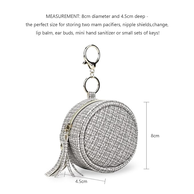 MOMIGO Pacifier Case Bag - Leather Pacifier Holder with Clip for Diaper Bag Stroller Purse Charm, Holds 2 Pacifiers Outdoor Travel (Weave Grey)