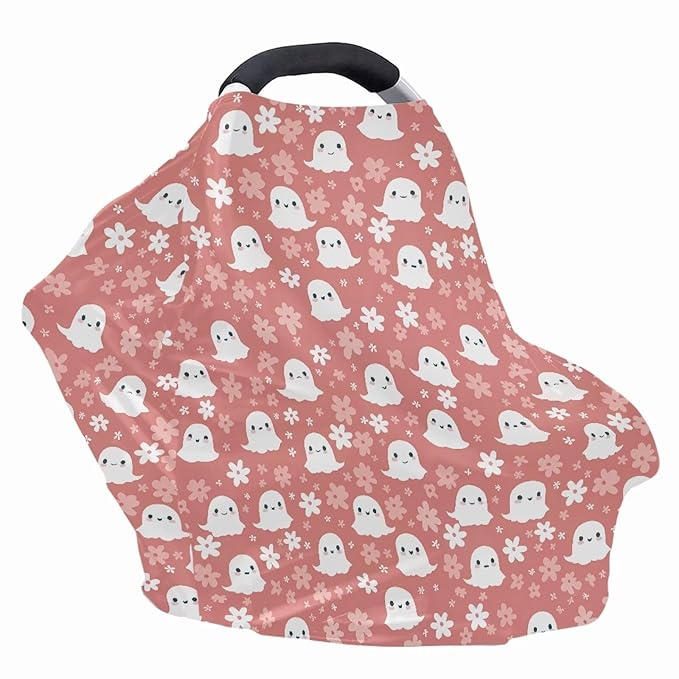 Biyejit Halloween Cute Ghost Baby Boy Girl 5-in-1 Car Seat Cover, Multi-use Privacy Nursing Breastfeeding Cover, Carseat Canopy Carrier Newborn Infant Gift