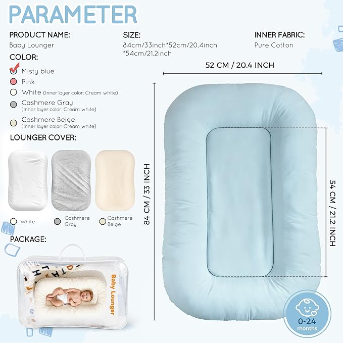 Baby Lounger & Snuggle Nest for Newborn 0-24 Months, Baby Nest Supervised Breathable Cotton for Newborn, Breathable Portable Infant Lounnger for Travel and Home, Blue (Lounger Cover Included）