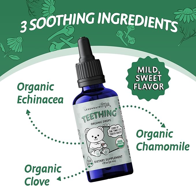 Organic Baby Teething Relief Drops with Silicone Toothbrush, Gum Relief for Babies & Toddlers 6 M+, Soothing Chamomile Clove Blend, Teething Gel Alternative, Sugar Free, 120 Servings, Legendairy Milk