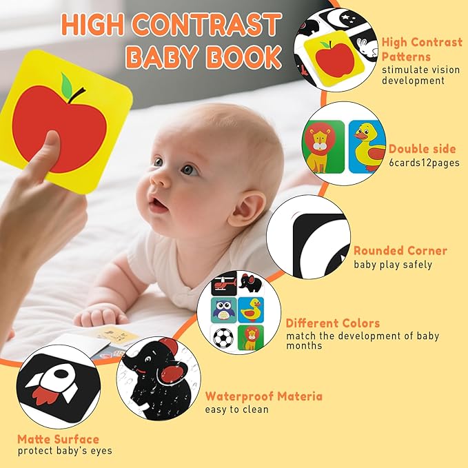 High Contrast Baby Flashcards with Black and White Tummy time Mirror Books, Newborn Brain Development Toys for 0-6 Months Baby as Infants Easter Gift