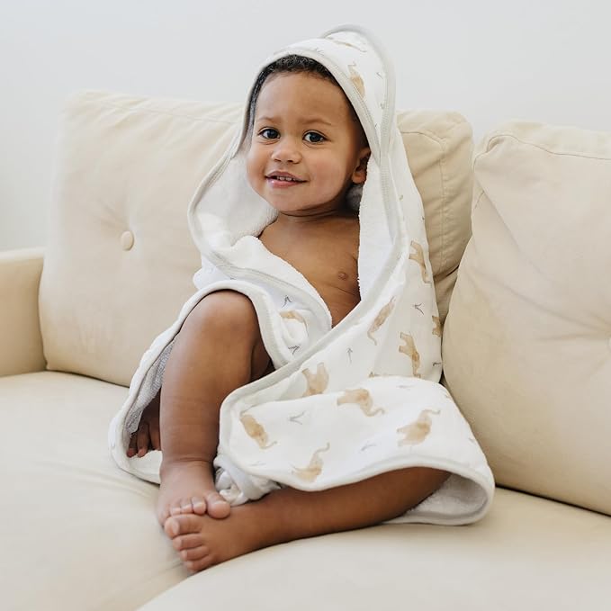 Featherhead™ 5-Piece 100% Cotton Muslin Hooded Bath Towel & Washcloths Set for Baby Boy - Ultra Soft and Extra Absorbent - Newborn Essential & Perfect Baby Registry Gift (Elephant)