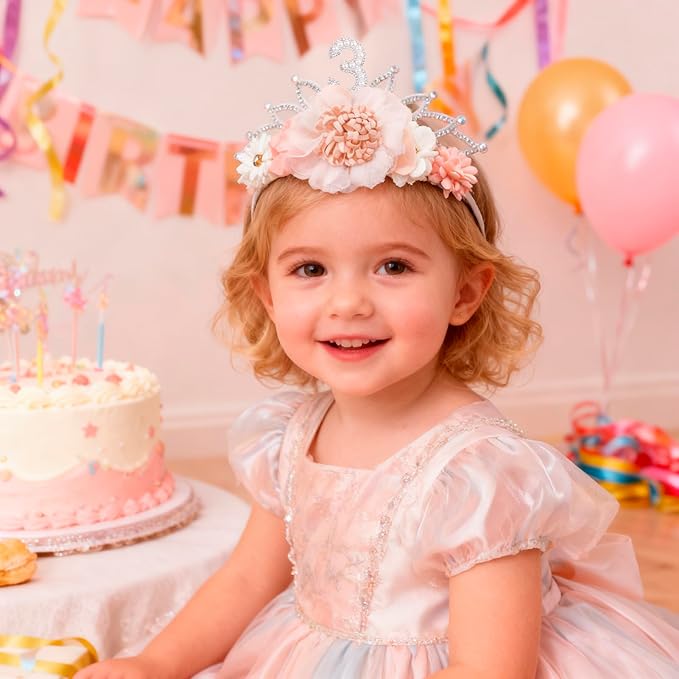 cherrboll Flower Headband Birthday Crown for Girl, Floral Nylon Hairband for 1-3 Years Old Toddler, 3rd Birthday Party Dress Photo Decoration Hair Accessory