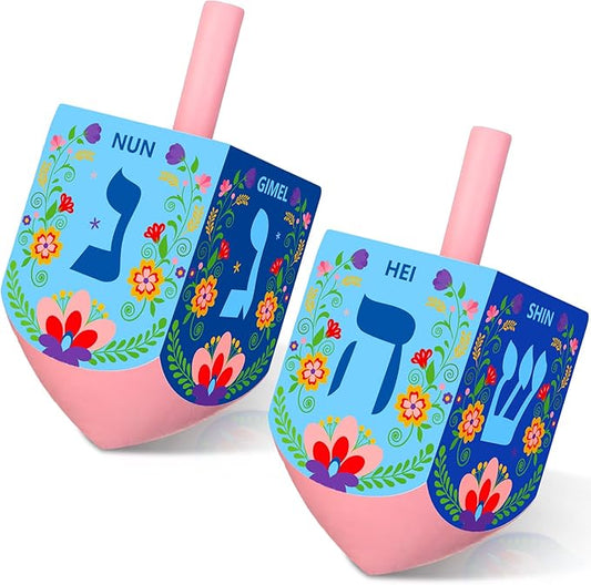 Wonderjune 2 Pcs Hanukkah Dreidels Extra Large Wooden Dreidel for Hanukkah Decoration with English Transliteration, Forever Spinning Tops Party Favors(Floral)