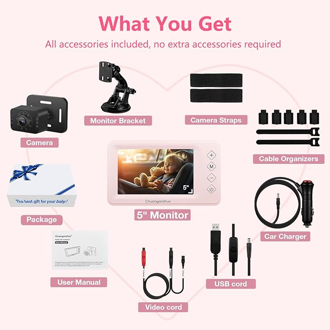 Baby Car Camera with NO.1 Night Vision, 3X Zoom, USB Powered, 5'' HD 1080P IPS Crystal-Clear Car Baby Monitor, Backseat/Carseat Camera for Kids Infants Rear Facing, S100U Light Pink