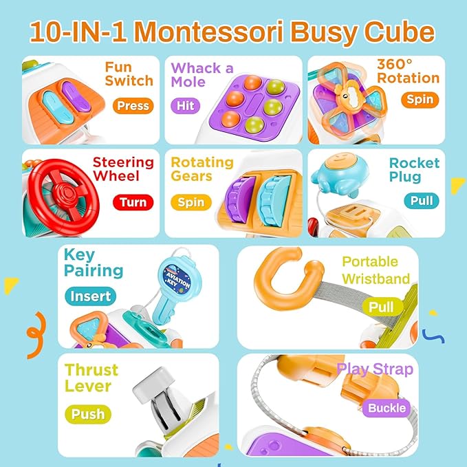 Montessori Busy Cube for Toddlers,Car Travel Toys Busy Board Activity Cube,Kids Educational Birthday Gifts Sensory Baby Toys 18+ Months (Decahedron)