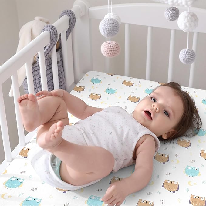 Pack n Play Fitted Sheet. 2 Piece Mini Crib Sheet. Elastic Playard Sheet. Portable Sheet Set. Elastic Convertible Playard Sheet. Compatible with Graco Pack n Play. (Owl and Tree Bag)