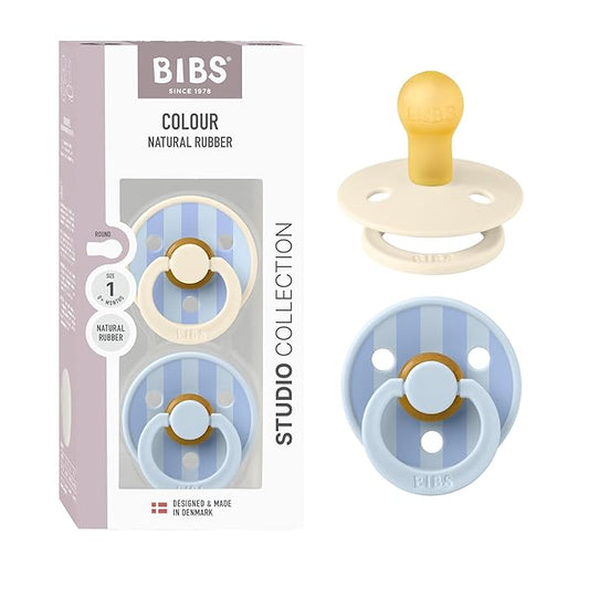 BIBS Pacifiers - Studio 2 Pack | Round Nipple Baby Pacifier | BPA Free Natural Rubber Latex Soother | Made in Denmark | Size 0+ Months | Block Baby Blue Dusty Blue
