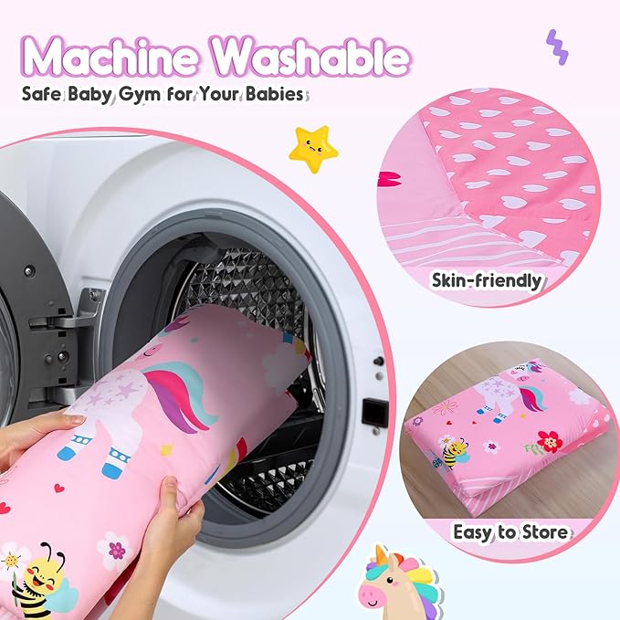 Windidi Unicorn Baby Gym Play Mat, 9-in-1 Tummy Time Mat with 7 Baby Toys, Washable Baby Activity Mat for Visual, Sensory, Motor Development, Newborn Baby Toys Gift for Toddler 0-3-4-6-9-12 Months