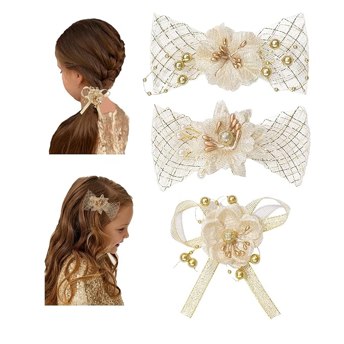 Baby Girls Floral Hair Bows Clips, 3Pcs Glitter Gold Flower Hair Barrettes Alligator Clips, Hair Accessories for Toddlers Kids Teens