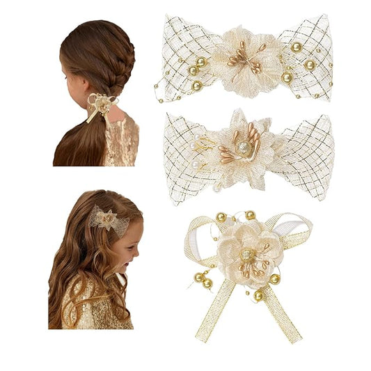 Baby Girls Floral Hair Bows Clips, 3Pcs Glitter Gold Flower Hair Barrettes Alligator Clips, Hair Accessories for Toddlers Kids Teens