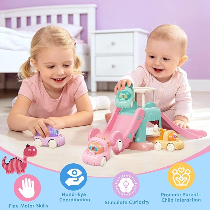 Toddler Toys for 1 2 Year Old Boys Educational Dinosaur Slide Toys with 4 Push Car Toys for Baby 12-18 Months,First Birthday Easter Gifts for Kids,Montessori Learning Race Car Track Ages 1-2 (Pink)