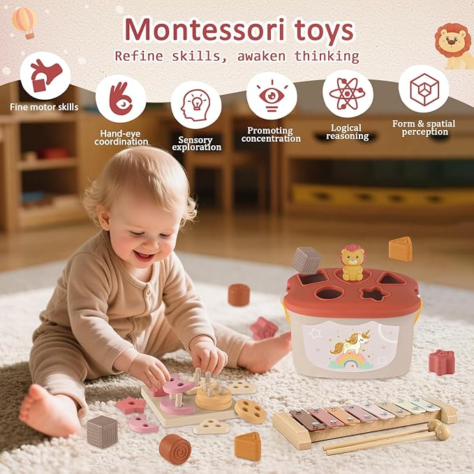 FEBALHS Montessori Toys for 6-12 Months, Baby Toys 6-12-18 Months with Montessori Baby Blocks Toy, Shape Sorting Baby Development Toys for 6+ Month Girls Boys Birthday Chiristmas Gifts